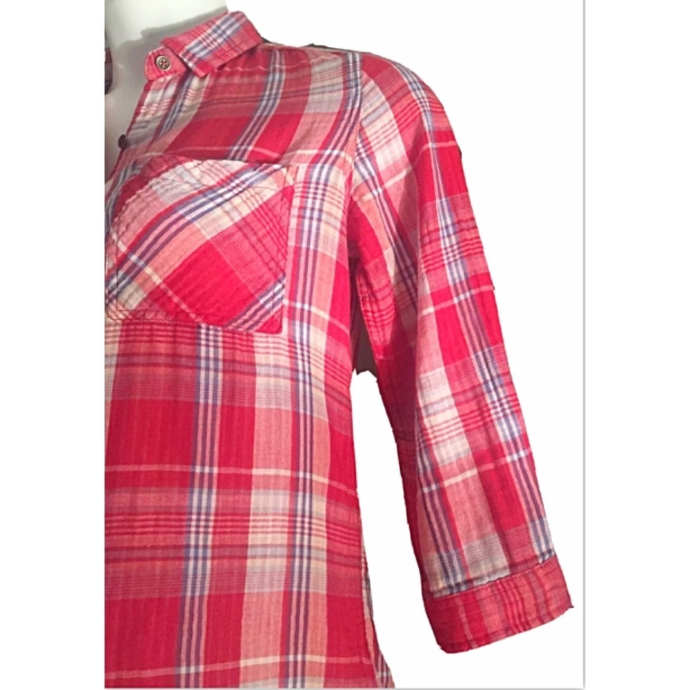 SEVEN7 Sz XS Plaid Shirt Pink / Red / Blue 3/4 Sleeves - Picture 3 of 5